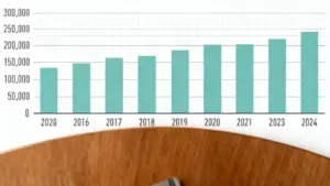 Grafico a barre con dati finanziari in crescita dal 2016 al 2024