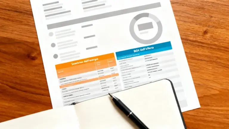 Documento con una bolletta elettrica su un tavolo in legno accanto a un taccuino e una penna