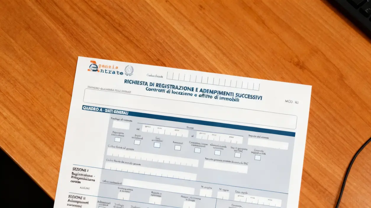 Modulo dell'Agenzia delle Entrate per la registrazione dei contratti di locazione su una scrivania