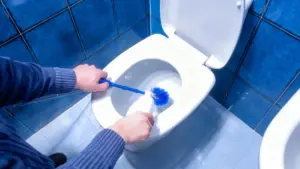 Persona che pulisce il WC con una spazzola e un prodotto detergente