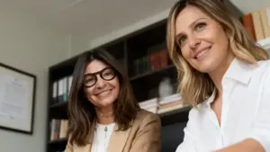 Due donne sorridenti sedute in un ufficio con una libreria alle spalle