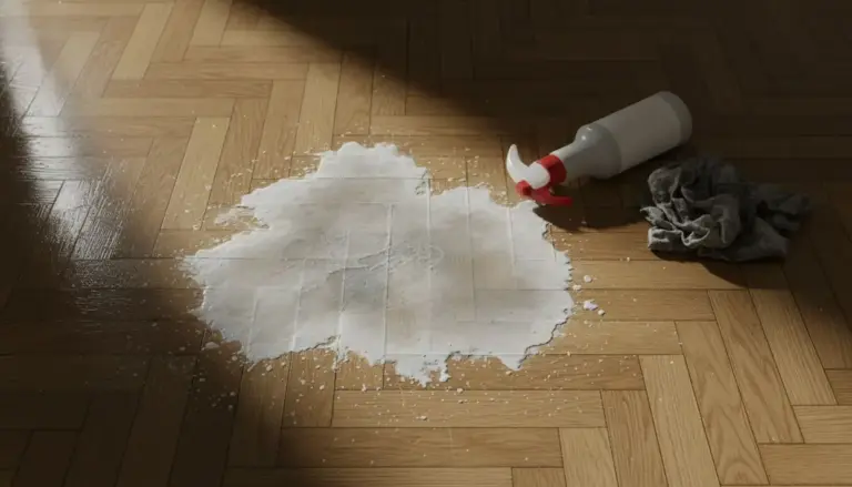 Detergente versato sul parquet accanto a un panno e una bottiglia con spruzzatore
