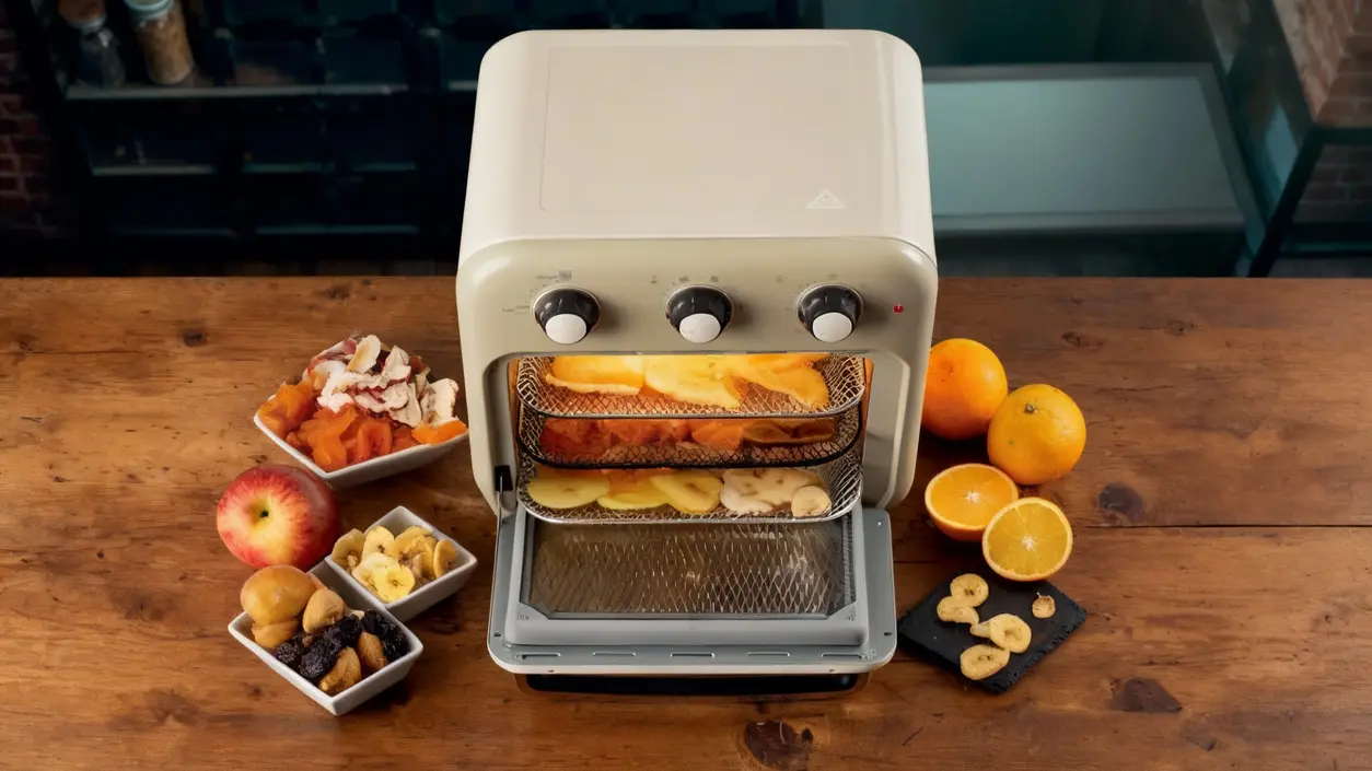Friggitrice ad aria con frutta essiccata su un tavolo di legno