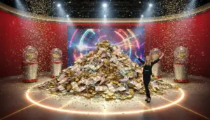 Una persona festeggia accanto a una grande montagna di banconote e monete dorate in uno studio colorato