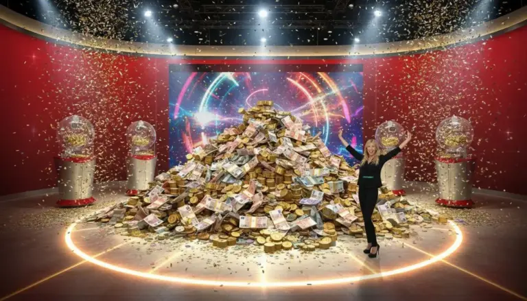 Una persona festeggia accanto a una grande montagna di banconote e monete dorate in uno studio colorato