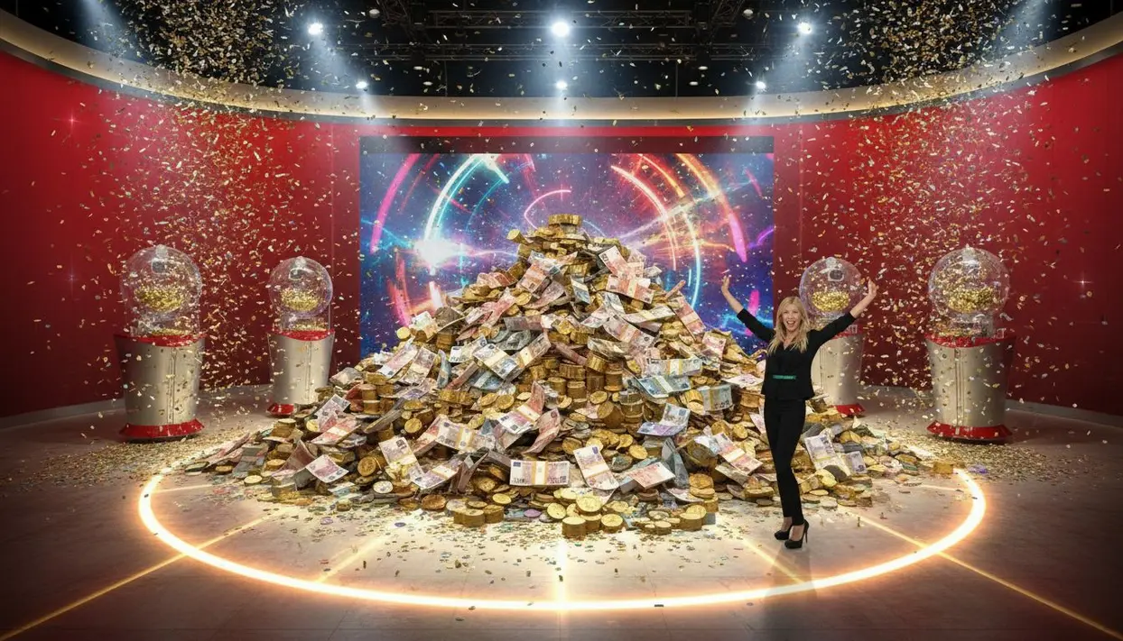Una persona festeggia accanto a una grande montagna di banconote e monete dorate in uno studio colorato
