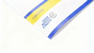 Dettaglio di un libretto della Cassa Depositi e Prestiti su sfondo bianco