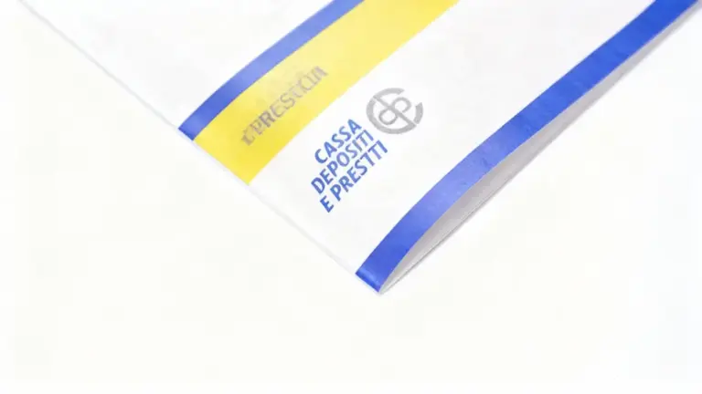 Dettaglio di un libretto della Cassa Depositi e Prestiti su sfondo bianco