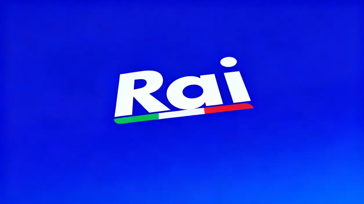 Logo RAI su sfondo blu, emittente televisiva pubblica italiana