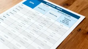 Tabella con previsioni dei prezzi delle case in varie città italiane su un foglio appoggiato su un tavolo
