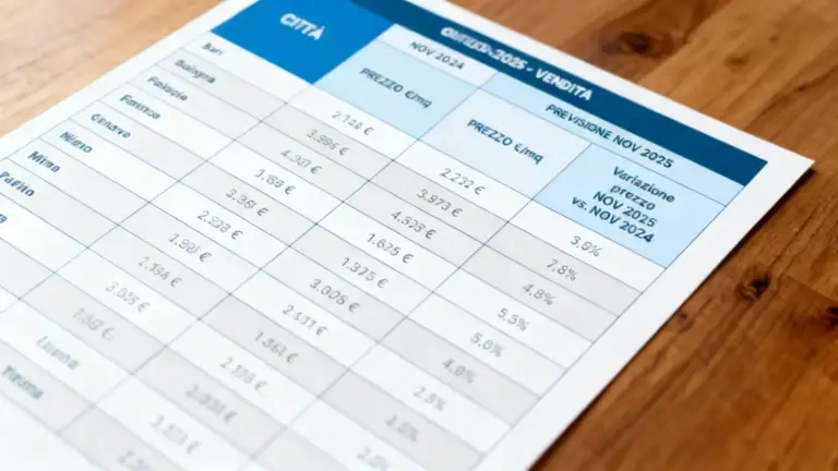 Tabella con previsioni dei prezzi delle case in varie città italiane su un foglio appoggiato su un tavolo