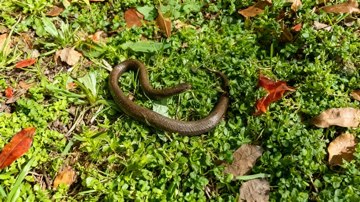 Serpente marrone su erba verde e foglie secche in un giardino