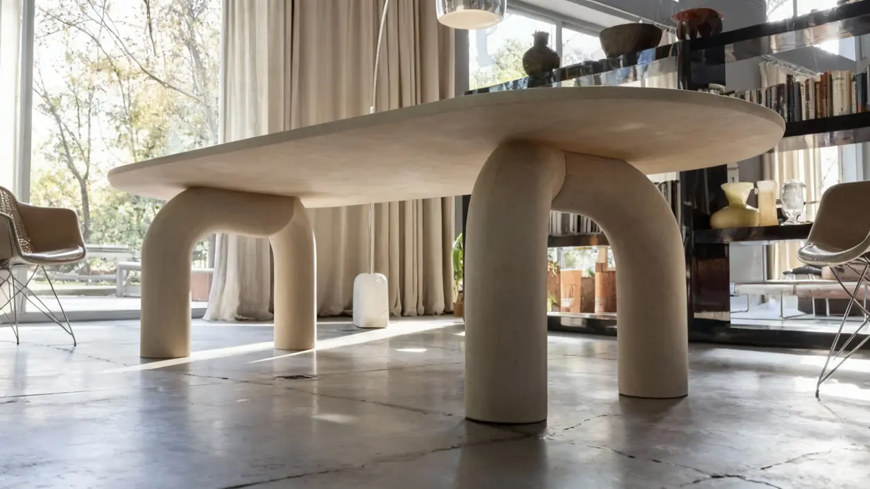 Tavolo di design moderno con gambe arcuate in un salotto luminoso