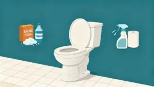 Illustrazione di un WC con bicarbonato, aceto, spray detergente e carta igienica