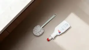 Spazzolino per WC e flacone di detergente su pavimento chiaro
