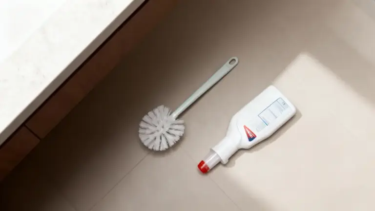 Spazzolino per WC e flacone di detergente su pavimento chiaro