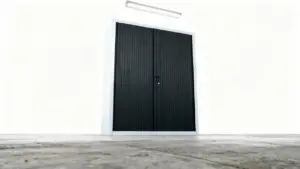 Armadio chiuso in una stanza con pavimento in cemento e pareti bianche