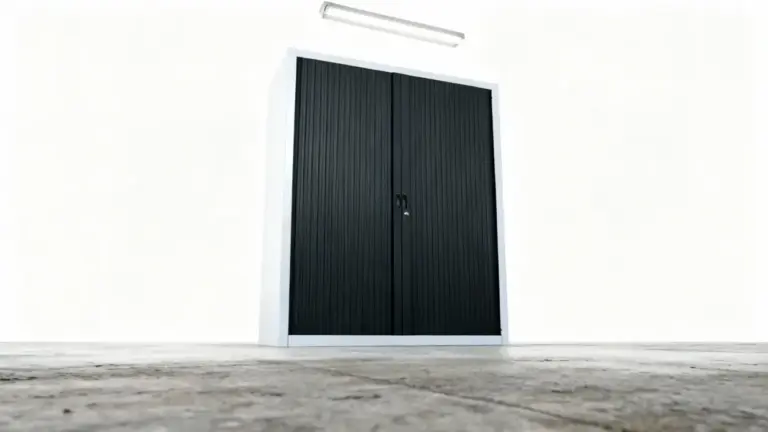 Armadio chiuso in una stanza con pavimento in cemento e pareti bianche