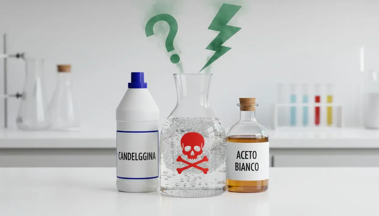 Bottiglie di candeggina e aceto bianco accanto a un contenitore con simbolo tossico