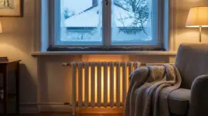 Radiatore acceso sotto una finestra con vetri ghiacciati in un soggiorno d'inverno