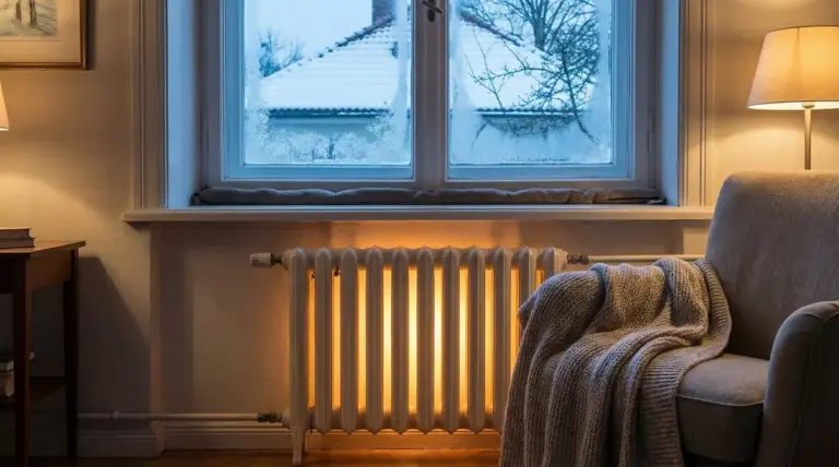 Radiatore acceso sotto una finestra con vetri ghiacciati in un soggiorno d'inverno