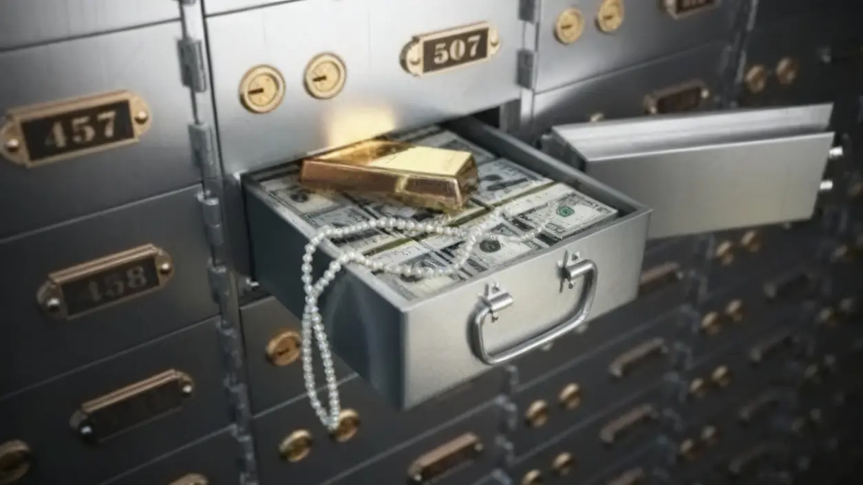 Cassetta di sicurezza bancaria aperta con denaro contante, lingotti d'oro e una collana di perle
