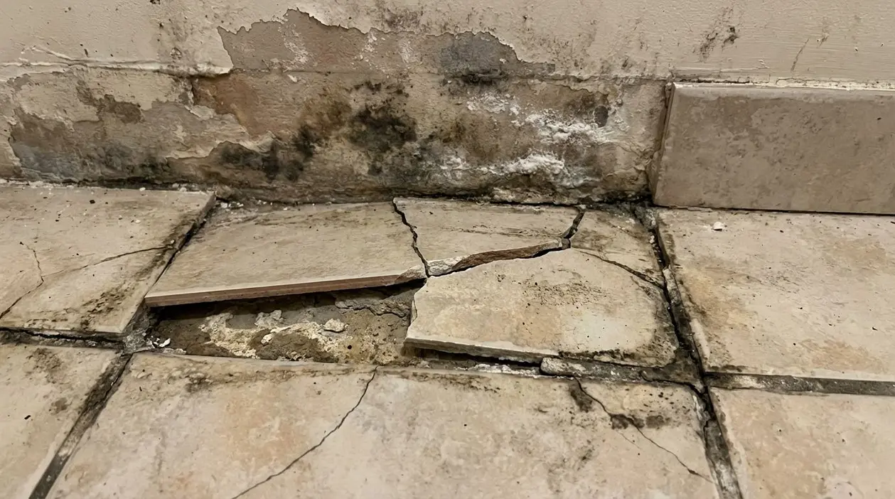 Piastrelle rotte e sollevate con umidità e muffa sul muro