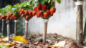 Piante di fragole che crescono in bottiglie di plastica capovolte montate su bastoni nel terreno.