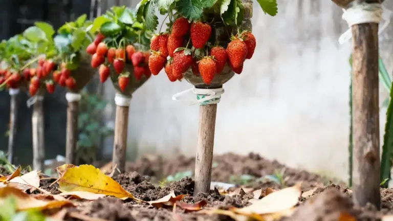 Piante di fragole che crescono in bottiglie di plastica capovolte montate su bastoni nel terreno.