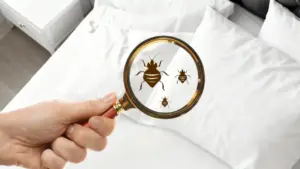 Lente d'ingrandimento su insetti stilizzati sopra un materasso con lenzuola bianche