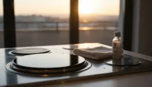 Piano cottura in acciaio con panno e prodotto per la pulizia al tramonto