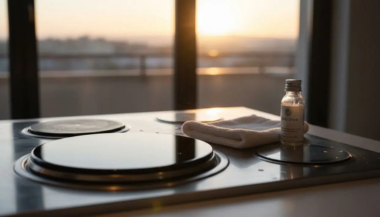 Piano cottura in acciaio con panno e prodotto per la pulizia al tramonto