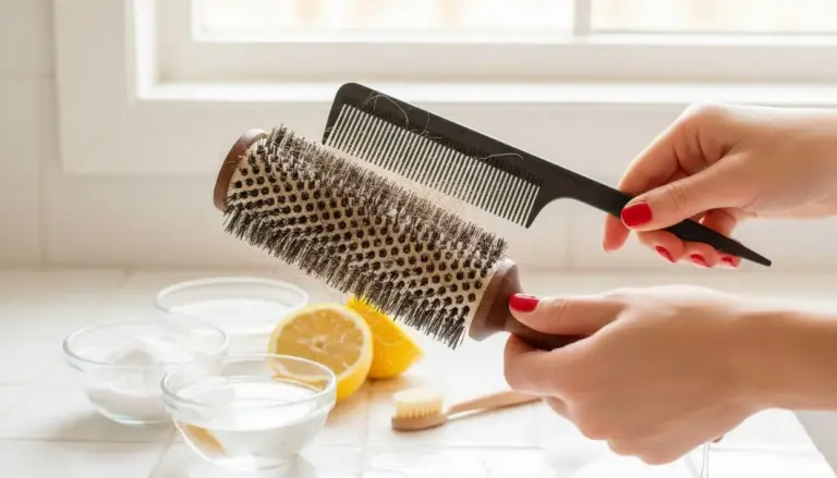 Persona pulisce una spazzola per capelli con un pettine, vicino a ingredienti naturali in cucina
