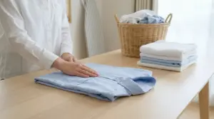 Persona che piega una camicia blu su un tavolo accanto a panni puliti e piegati