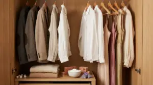 Interno di un armadio ordinato con abiti appesi e oggetti antiumidità sul ripiano