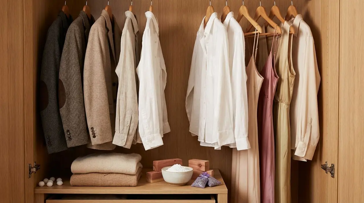Interno di un armadio ordinato con abiti appesi e oggetti antiumidità sul ripiano