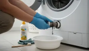 Persona con guanti pulisce il filtro sporco di una lavatrice con una bacinella sotto
