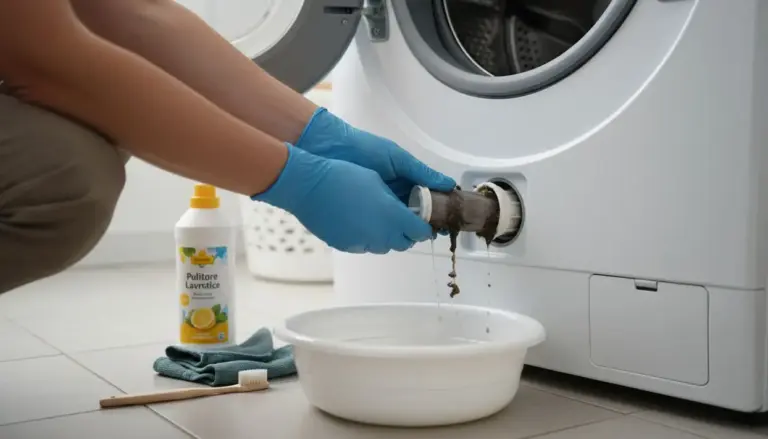 Persona con guanti pulisce il filtro sporco di una lavatrice con una bacinella sotto
