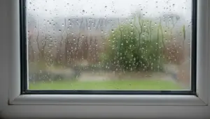 Condensa su un vetro di finestra con gocce d'acqua visibili