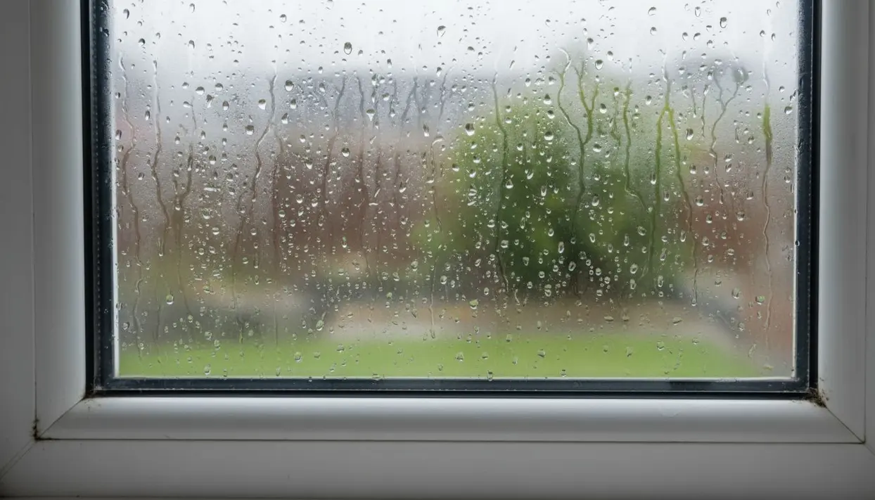 Condensa su un vetro di finestra con gocce d'acqua visibili