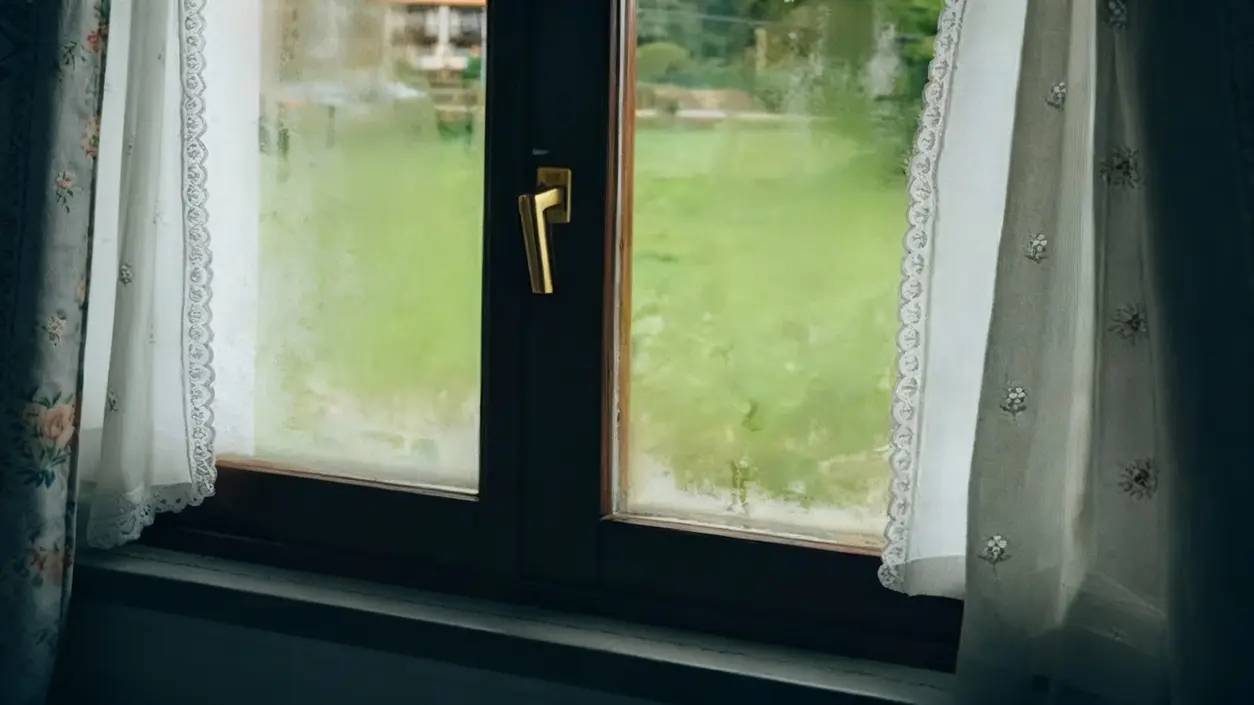 Finestra con vetri appannati e condensa vista dall'interno di una casa