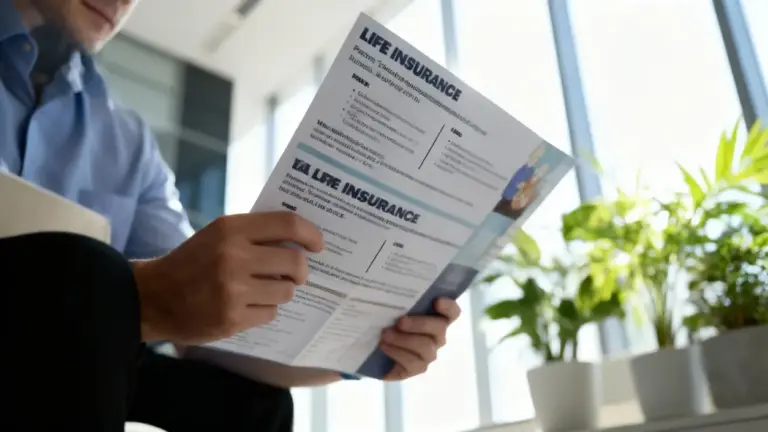 Persona che legge un documento assicurativo in un ufficio luminoso con piante sullo sfondo