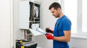 Tecnico controlla una caldaia a muro durante una manutenzione ordinaria