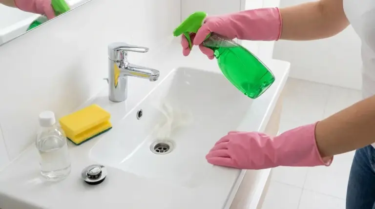 Persona con guanti rosa pulisce un lavandino del bagno con uno spray verde