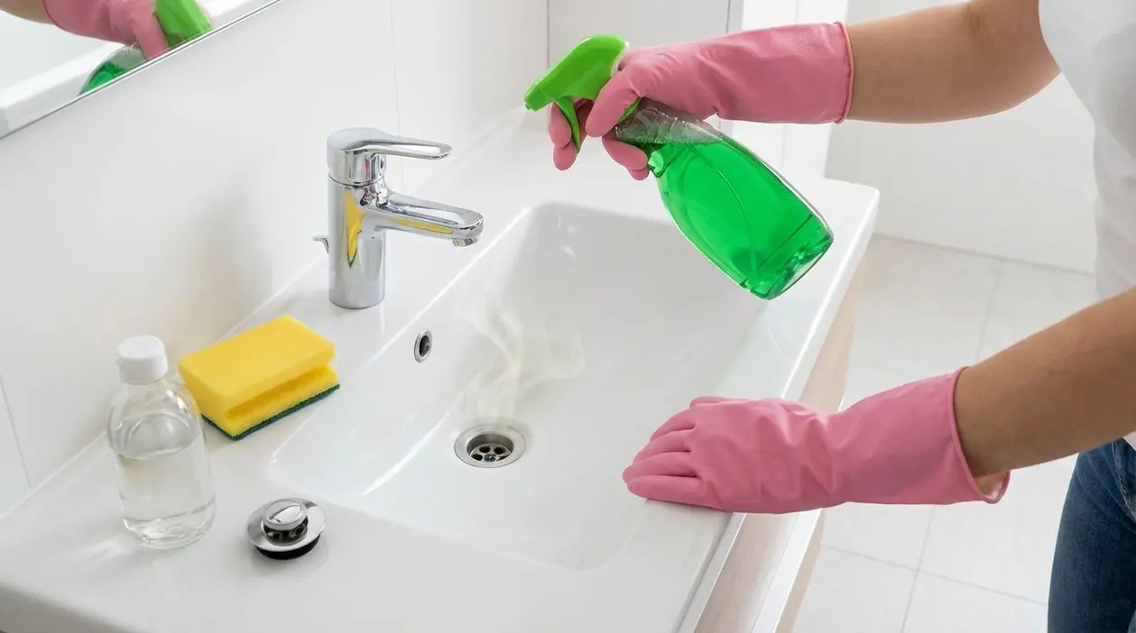 Persona con guanti rosa pulisce un lavandino del bagno con uno spray verde