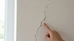 Crepa verticale su una parete interna indicata da una mano