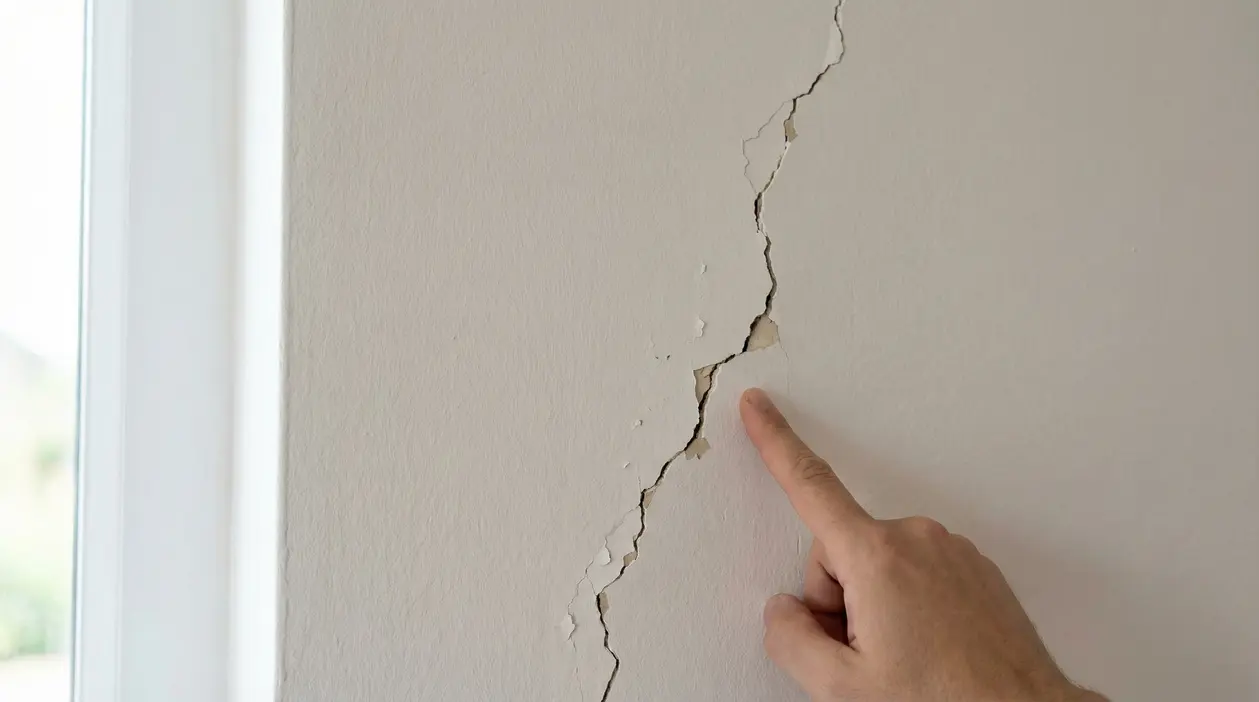 Crepa verticale su una parete interna indicata da una mano
