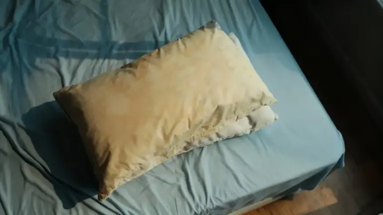 Cuscino ingiallito su un letto con lenzuola blu in penombra