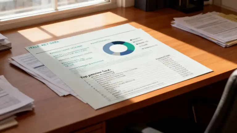 Documenti finanziari con dati su fondi pensione su una scrivania illuminata dalla luce naturale