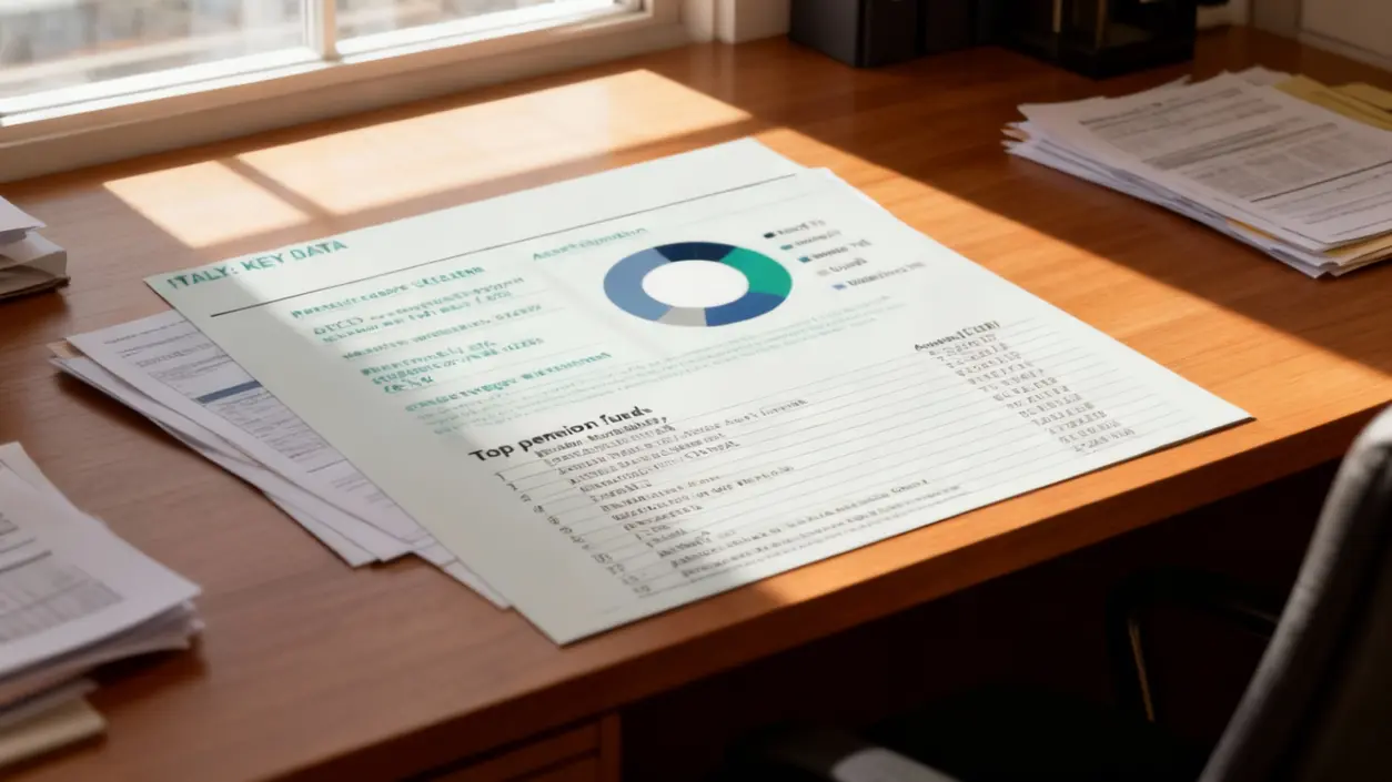 Documenti finanziari con dati su fondi pensione su una scrivania illuminata dalla luce naturale